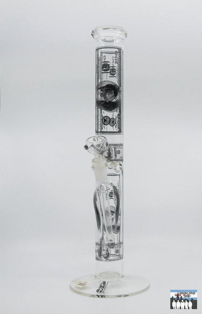 AMG 18-Inch Straight Tube Bong – Benjamins Money Print Design: Unique Benjamins Print, Bold Money-Themed Graphic, Eye-Catching Look, Straight Tube Design, Offers Reliable Hits, Easy Maintenance, Durable Borosilicate Glass, Built to Withstand Daily Use, 18 Inches Tall, Provides Ample Smoke Cooling, Diffusion, 14mm Female Joint, Compatible with Bowls, Bangers, Other Accessories.
