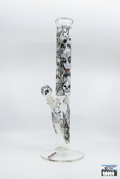 AMG 18-Inch Straight Tube Bong – Skulls Graphic Design: Unique Skulls Design, Bold and Artistic Skulls Motif, Striking Aesthetic, 18-Inch Height, Optimal Smoke Cooling, Diffusion, Straight Tube Design, Ensures Stability, Ease of Cleaning, Durable Borosilicate Glass, High-Quality Material, Daily Use, Thermal Resistance, 14mm Female Joint, Compatible with a Variety of Accessories, Attachments.