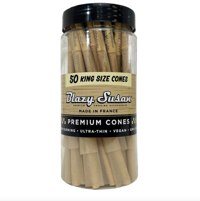 Blazy Susan Unbleached Pre-Rolled Cones 50-Pack – Natural, slow-burning rolling cones available in assorted sizes for a smooth smoking experience.