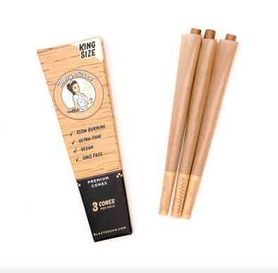 Blazy Susan Unbleached Pre-Rolled Cones in king size, made from natural rolling paper for a slow and even burn.
