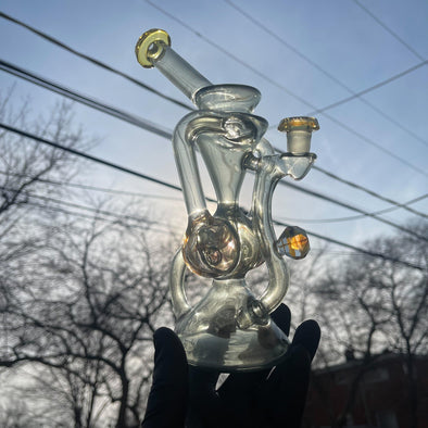  "Brick Glass Drum Recycler: Yoshi Transparent Over Blue Satin, 10mm Joint, Smooth Hits, Borosilicate Glass, Artistic Design"