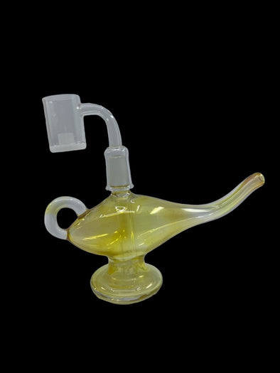 DCON Fumed Genie Lamp, handcrafted glass dab rig with a unique genie lamp shape, featuring iridescent fumed glass that changes with lighting. Ideal for concentrate enthusiasts, offering efficient vapor production in a compact and portable design.