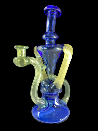 Matt D Glass Full Color Floater Recycler: Light Blue/Shifty White Satin, 10mm Female Joint, CFL Glass, Blue Yoshi Hulk, Dab Rig