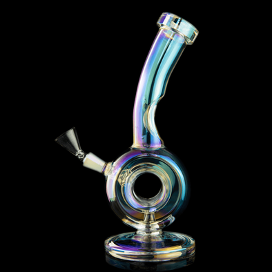 MJ Arsenal Iridescent Saturn Mini Water Pipe: Ringed Percolator, Iridescent Finish, Compact, Borosilicate Glass, Smooth Filtration