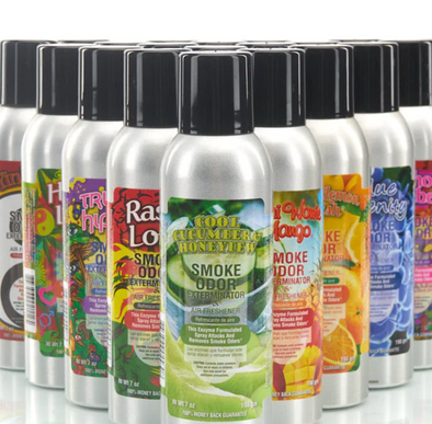Smoke Odor Exterminator Spray 7oz, powerful air freshener designed to eliminate smoke and pet odors instantly with long-lasting fragrance in assorted scents.