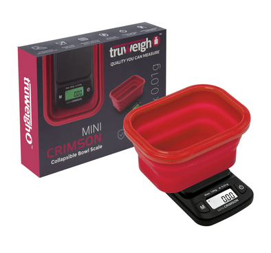 Truweigh Mini Crimson Digital Scale with 100g capacity, collapsible silicone bowl, backlit LCD, and precision weighing features.